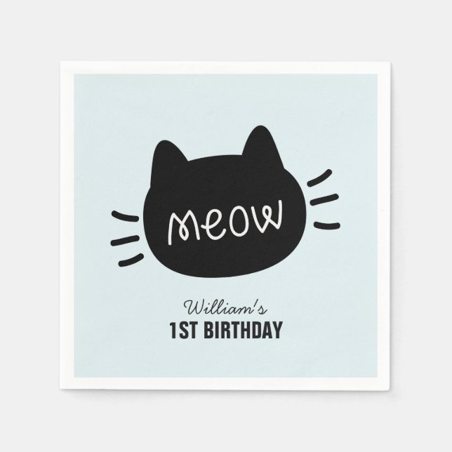 Servilleta De Papel Meow Black Cat Face Blue Boy Cumpleaños (Anverso)