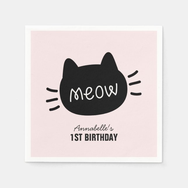 Servilleta De Papel Meow Black Cat Face Chica rosado Cumpleaños (Anverso)