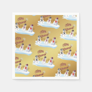 Servilleta De Papel Merry Christmas and snowmen on faux gold