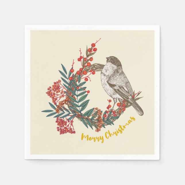Servilleta De Papel Merry Christmas Bird Wreath (Anverso)