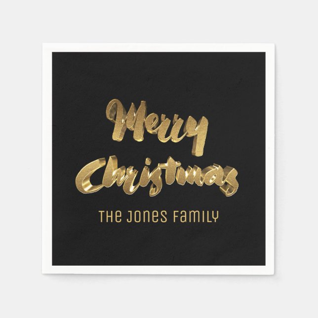 Servilleta De Papel Merry Christmas Black Gold Typography (Anverso)
