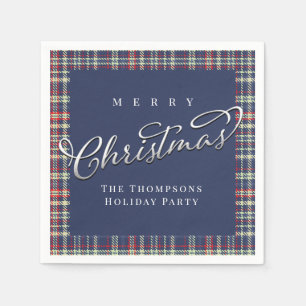 Servilleta De Papel Merry Christmas Caligraphy Script Navy Blue Plaid