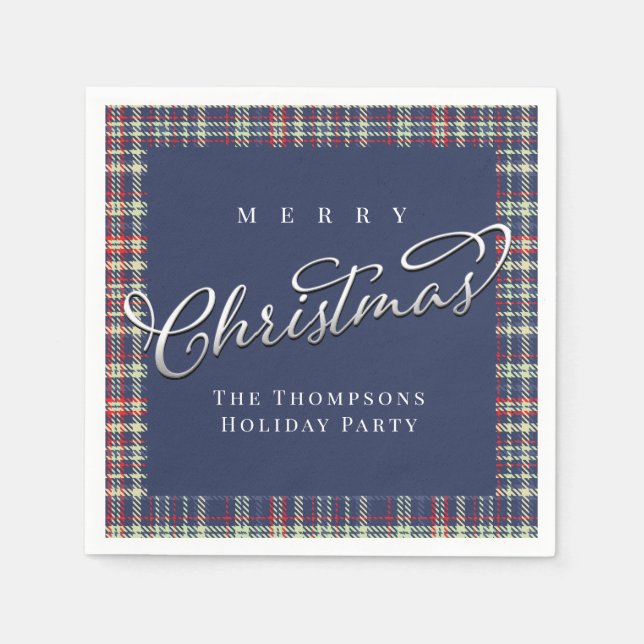 Servilleta De Papel Merry Christmas Caligraphy Script Navy Blue Plaid (Anverso)