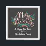SERVILLETA DE PAPEL MERRY CHRISTMAS CHALKBOARD HOLLY AND BRANCHES<br><div class="desc">FELIZ NAVIDAD Y FELIZ AÑO NUEVO | Luminoso y colorido arte de tiza a mano estilo Navidades estacionales servilletas de papel de vacaciones con tipografía retro escrita a mano casual, ramas de pino de invierno y floridas flores de follaje con hojas de laurel y holly en rojo, blanco y verde....</div>