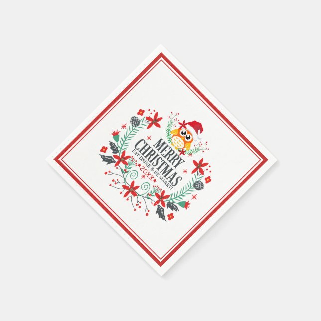 Servilleta De Papel Merry Christmas Cute Owl Wreath (Borde)