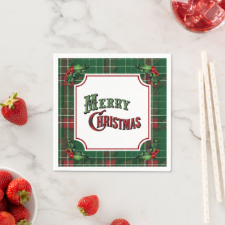 Servilleta De Papel Merry Christmas Green Plaid with Holly