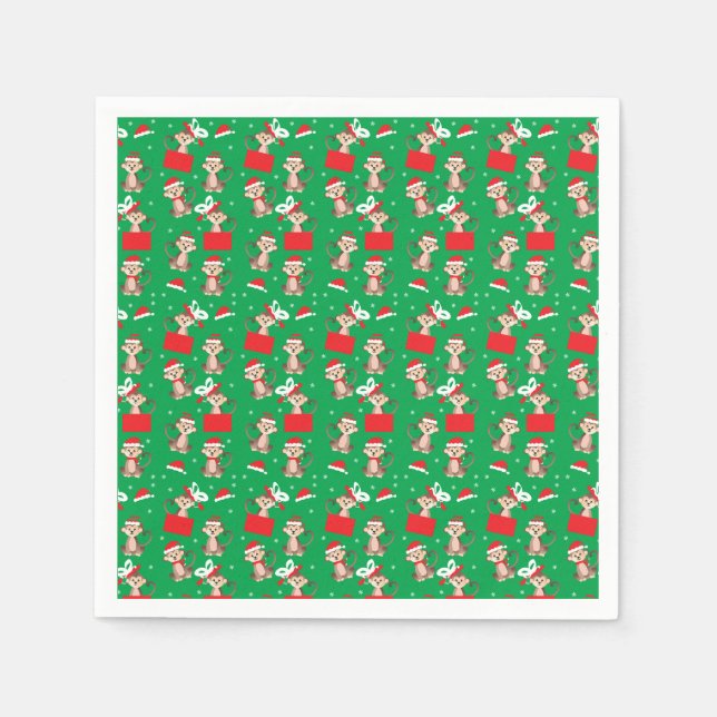 Servilleta De Papel Merry Christmas Monkey Pattern Elf Santa Red (Anverso)