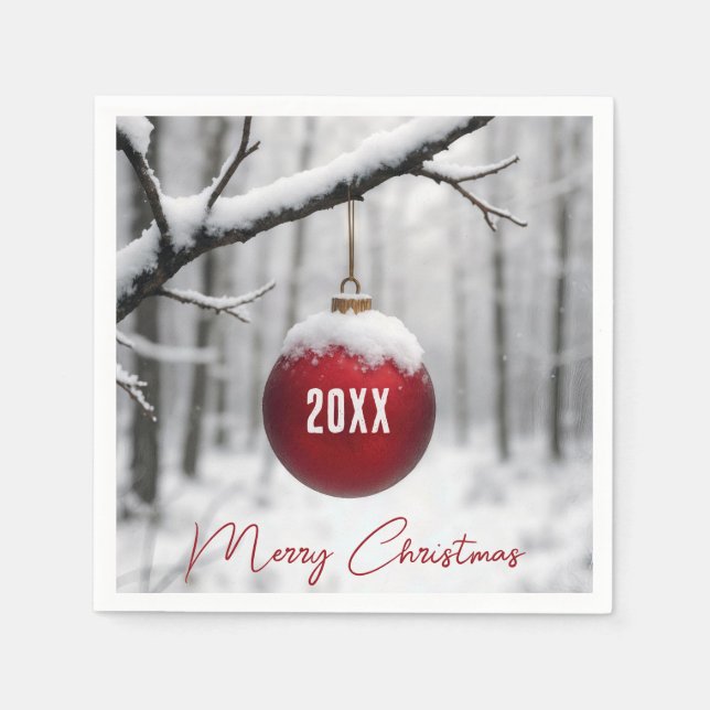 Servilleta De Papel Merry Christmas Ornament On Snowy Branch (Anverso)