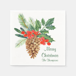 Servilleta De Papel Merry Christmas Pine Holly Watercolor Floral Nombr
