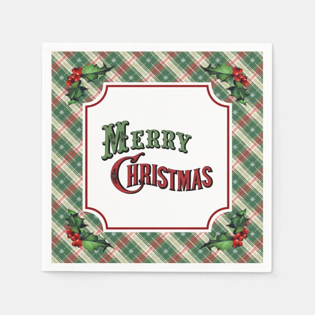 Servilleta De Papel Merry Christmas Plaid with Holly (Anverso)