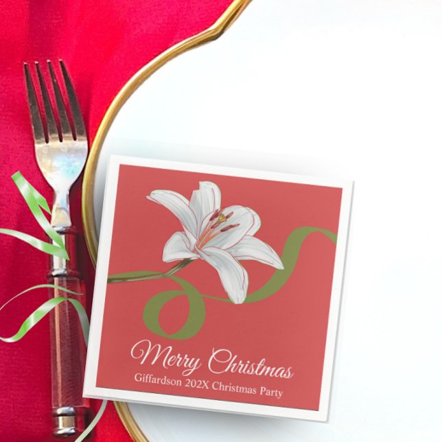 Servilleta De Papel Merry Christmas Red Floral Name Cocktail Napkin (Merry Christmas personalized name red white flower floral elegant cocktail drink party napkin)