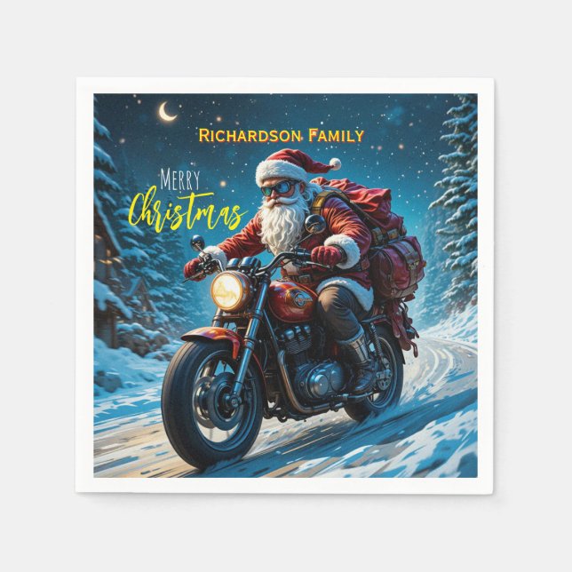 Servilleta De Papel Merry Christmas Santa Clause On Motorcycle  (Anverso)