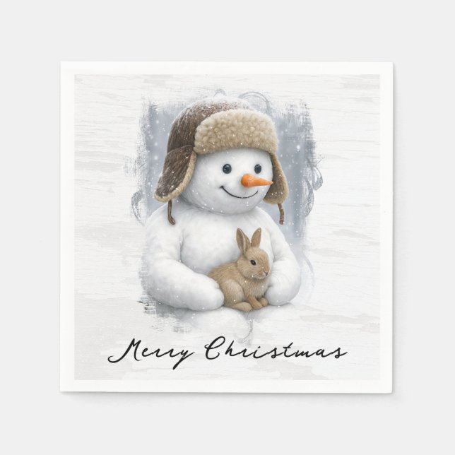 Servilleta De Papel Merry Christmas Snowman With Bunny (Anverso)
