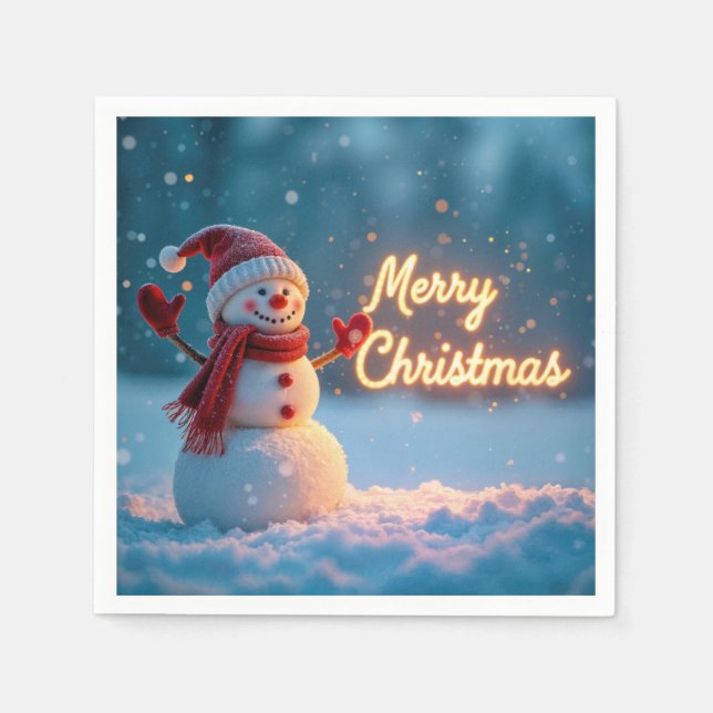 Servilleta De Papel Merry Christmas Snowman with Neon Sign (Anverso)