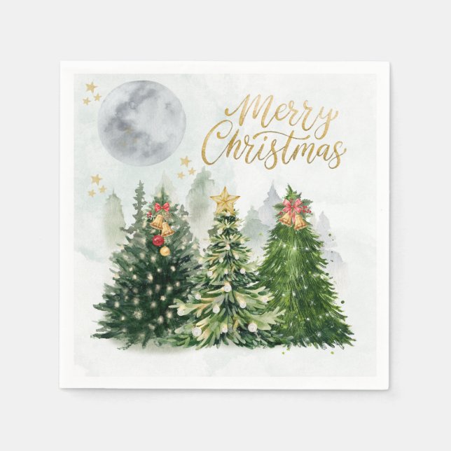 Servilleta De Papel Merry Christmas Trees Watercolor Paper Napkins (Anverso)
