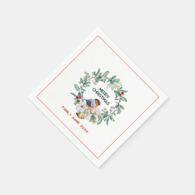 Servilleta De Papel Merry Christmas Typography Wreath y Red Robin (Borde)