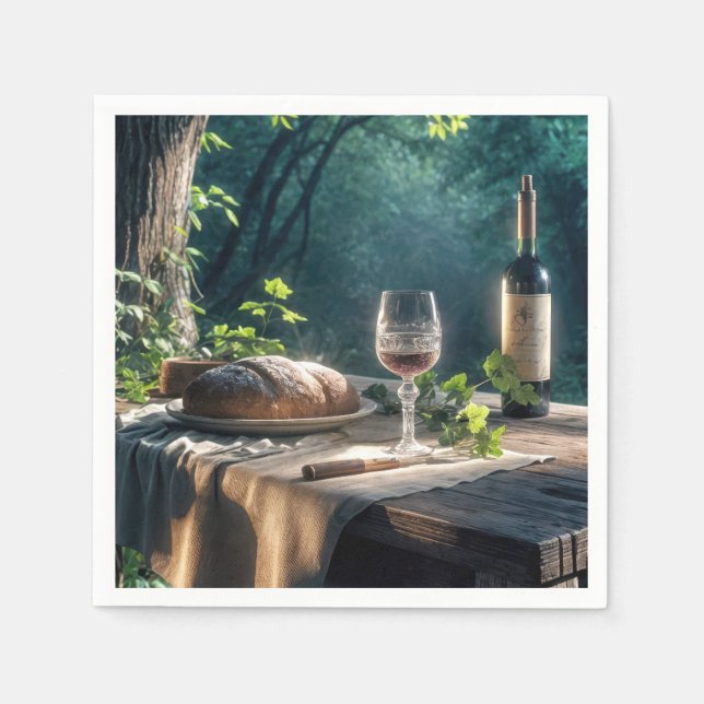 Servilleta De Papel Mesa Rústica Con Vino En Un Bosque (Anverso)