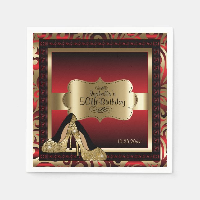 Servilleta De Papel Metálico rojo y oro - 50 cumpleaños | DIY Text (Anverso)