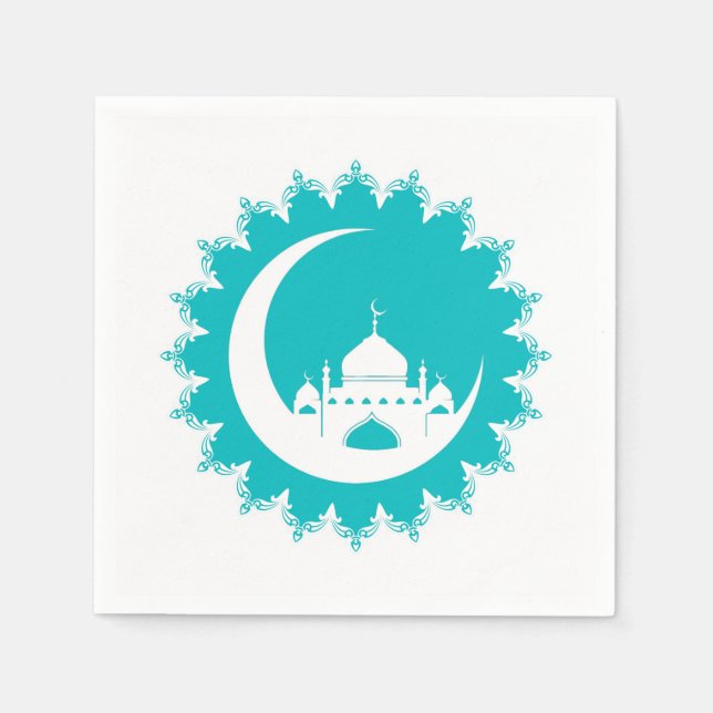 Servilleta De Papel Mezquita Blanca en Crescent Moon Ramadan, azul (Anverso)