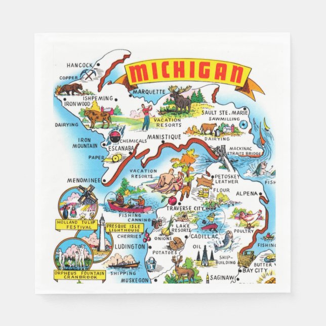 Servilleta De Papel Michigan Postcard Map  (Anverso)
