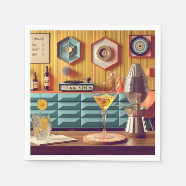 Servilleta De Papel Mid Century Atomic Retro Futuristic Party Room (Anverso)