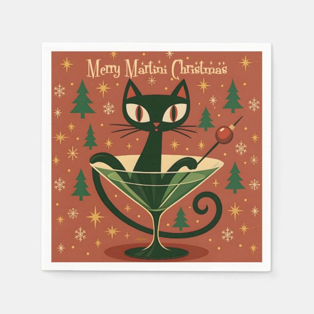 Servilleta De Papel Mid Century Black Cat Merry Martini Christmas (Anverso)