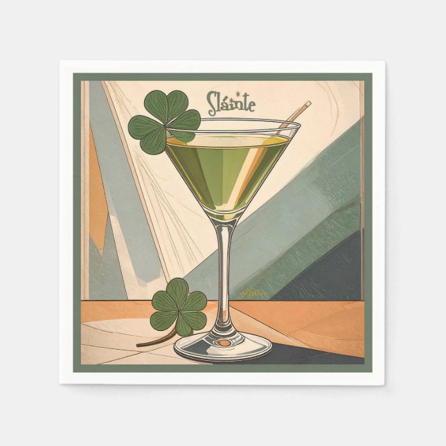 Servilleta De Papel Mid Century Modern Art Shamrock Martini Sláinte!  (Anverso)