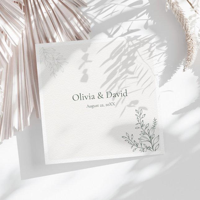 Servilleta De Papel Minimal Sage Green Botanical Wedding Napkin (Minimal Sage Green Botanical Wedding Napkin on a sunny table with white dry botanicals)