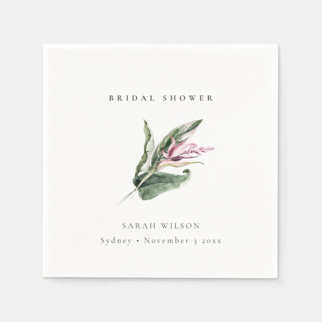 Servilleta De Papel Minimalista Rosa Tropical Hoja Floral Bridal Showe (Anverso)