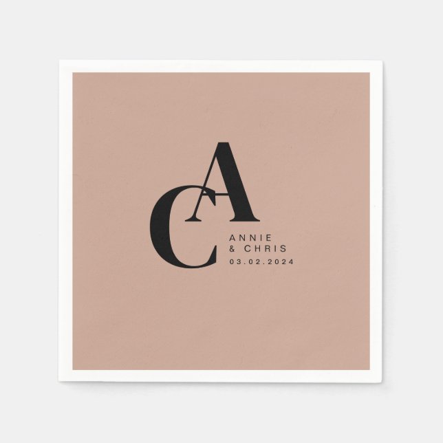 Servilleta De Papel Mínimo, Monograma, Marrón, Boda (Anverso)