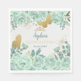 Servilleta De Papel Mint Gold Floral Mariposa Quinceañera
