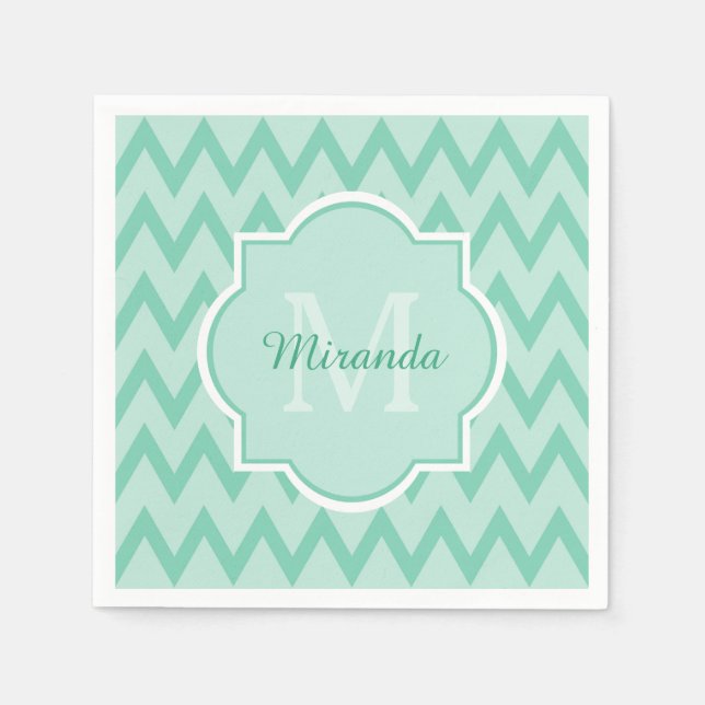 Servilleta De Papel Mint Green Chevron Zigzag Nombre y Monograma (Anverso)