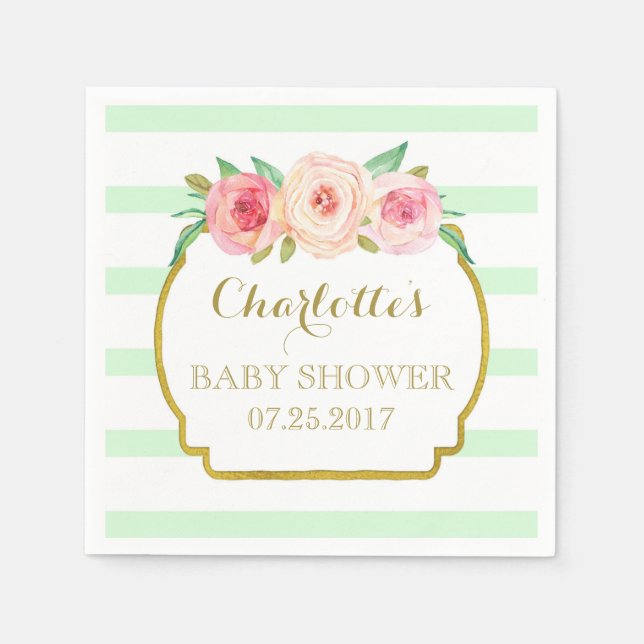 Servilleta De Papel Mint Green Stripes Gold Pink Floral Baby Shower (Anverso)