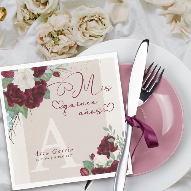 Servilleta De Papel Mis Quince Anos Burgundy Marfil Floral Monogramado (Mis Quince napkins with monogram from my Royal Roses collection
)