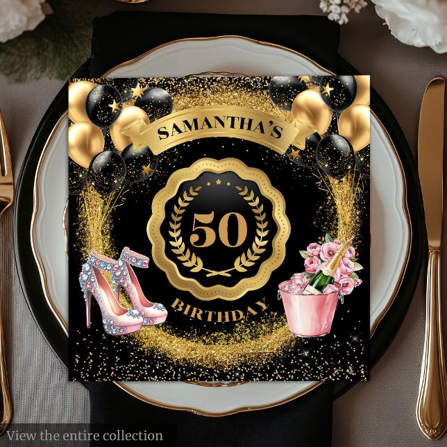 Servilleta De Papel Moda 50 Nápoles de cumpleaños Globos negros Oro (Glamorous Gold Balloons Napkins with Blush High Heels

)