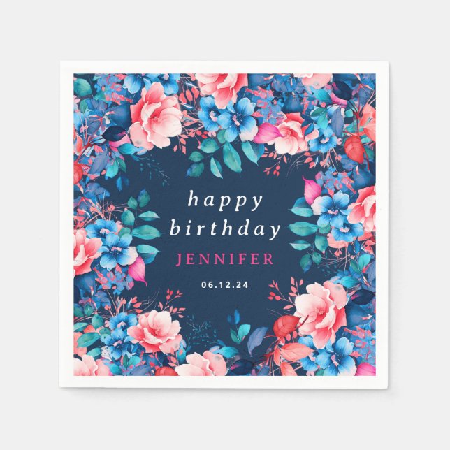 Servilleta De Papel Moda acuarela Floral Feliz cumpleaños Azul (Anverso)