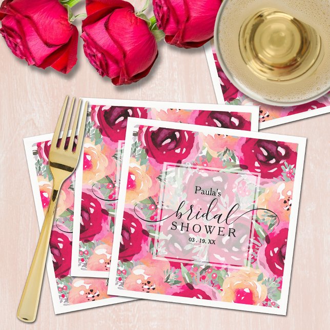 Servilleta De Papel Moda acuarela Pink Floral Bridal Shower (Chic watercolor pink and cream floral bridal shower personalized napkins)