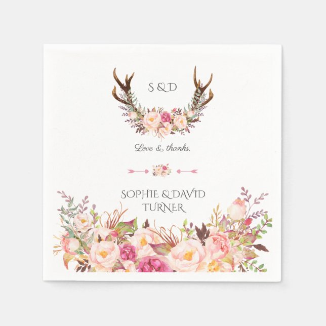 Servilleta De Papel Moda acuarela rosa Rubor Floral Antlers Boda (Anverso)