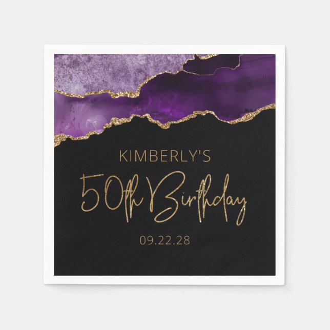 Servilleta De Papel Moda Agate Geode Purple Gold 50 cumpleaños (Anverso)