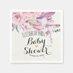 Servilleta De Papel Moda Baby Shower Watercolor Boho Floral Feather