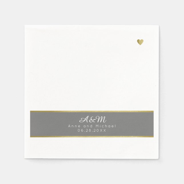 Servilleta De Papel Moda Banda gris monogramada sobre boda blanco (Anverso)
