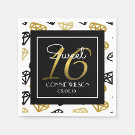 Servilleta De Papel Moda Black & Gold Diamond 16th Birthday Personaliz