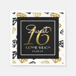 Servilleta De Papel Moda Black & Gold Diamond 16th Birthday Personaliz