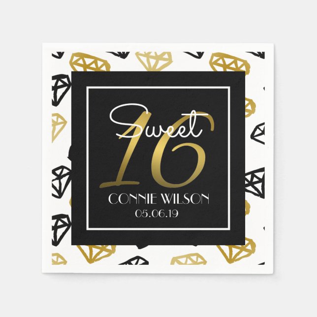 Servilleta De Papel Moda Black & Gold Diamond 16th Birthday Personaliz (Anverso)