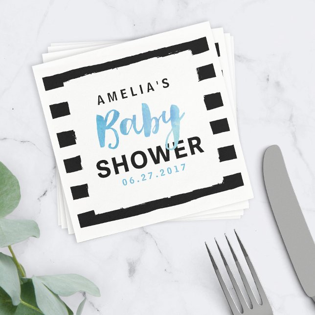 Servilleta De Papel Moda Black & White Stripes Blue Baby Shower (Subido por el creador)