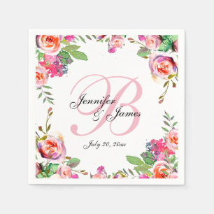 Servilleta De Papel Moda Boda de Monograma Vintage Floral Rosa