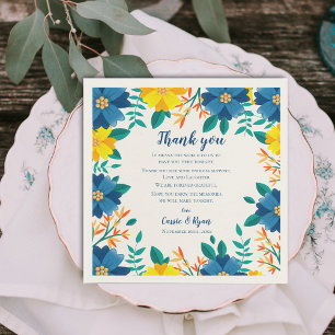 Servilleta De Papel Moda Boda floral amarillo azul Gracias mensaje