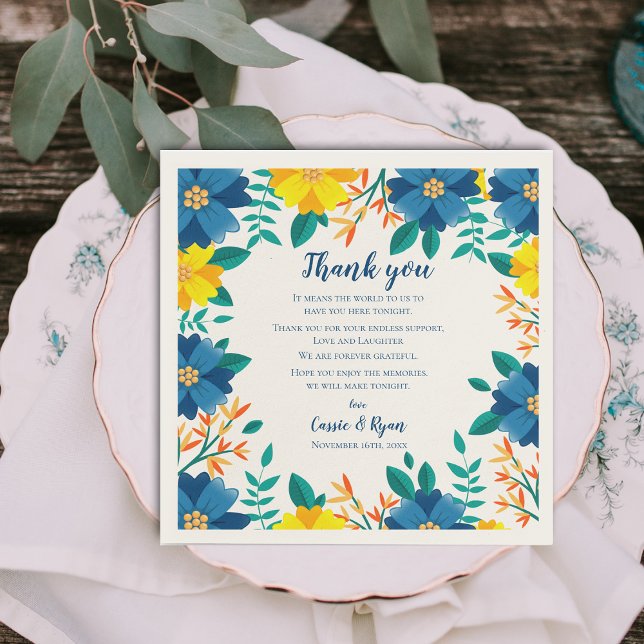 Servilleta De Papel Moda Boda floral amarillo azul Gracias mensaje (Chic Blue Yellow Floral Wedding Thank you Message Napkins)