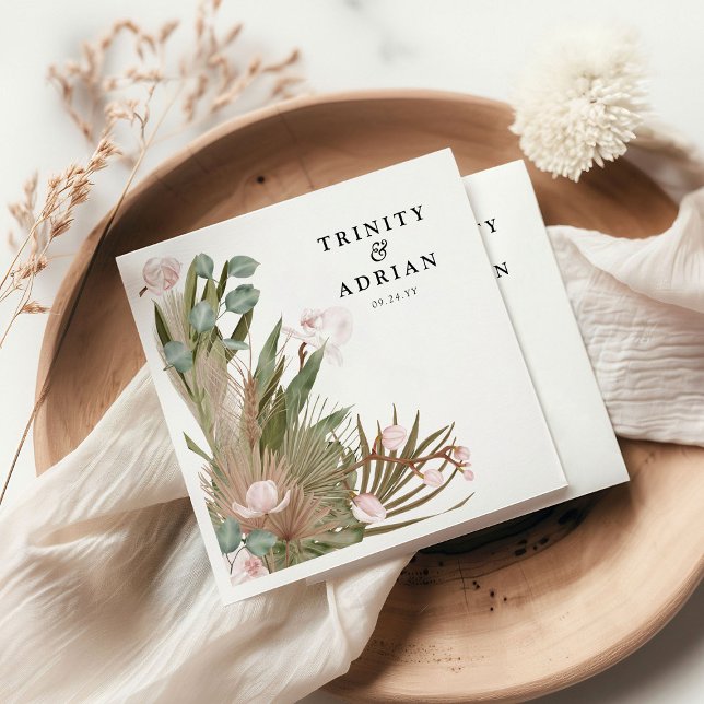 Servilleta De Papel Moda Boho Boda de orquídeas rosadas y hojas secas (Subido por el creador)