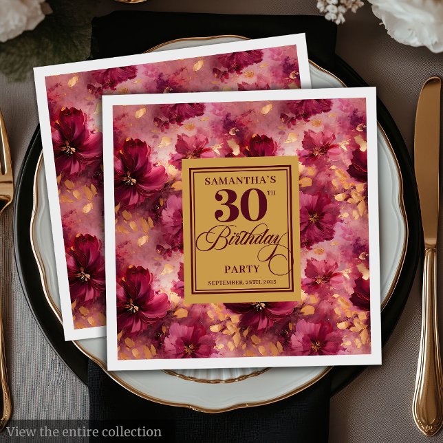 Servilleta De Papel Moda Burgundy Rubor Gold 30 Birthday Table (Chic Burgundy Blush Gold 30th Birthday Table Napkins)